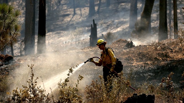 A firefighter puts out hotspots in the burn zone of the Oak Fire in Mariposa County, California, on July 27, 2022.