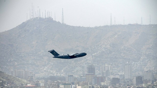 A U.S. Air Force plane takes off from Kabul International Airport on Aug. 30, 2021, the day the U.S. completed its withdrawal of troops from Afghanistan.