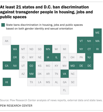 A map showing that at least 21 states and D.C. ban discrimination against transgender people in housing, jobs and public spaces