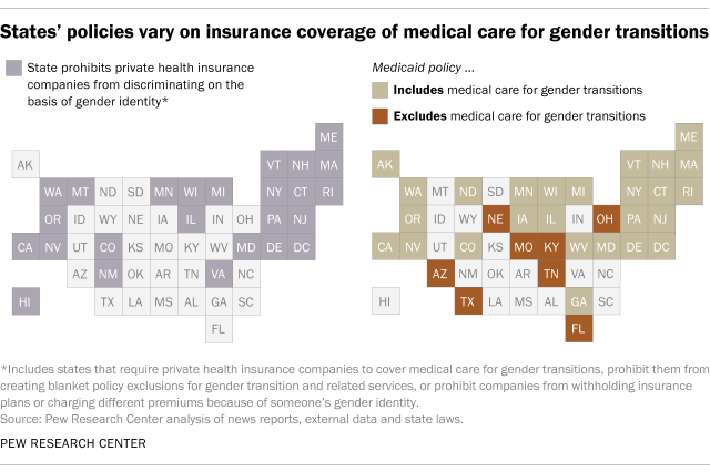 A map showing that states' policies vary on insurance coverage of medical care for gender transitions