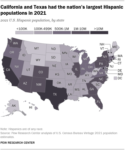 A map showing that California and Texas had the nation’s largest Hispanic populations in 2021