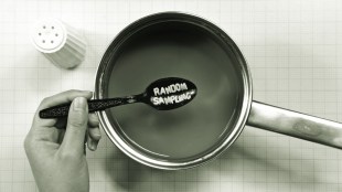 Photo showing a pan of soup with a spoon picking up lettered noodles that spell "Random Sampling."
