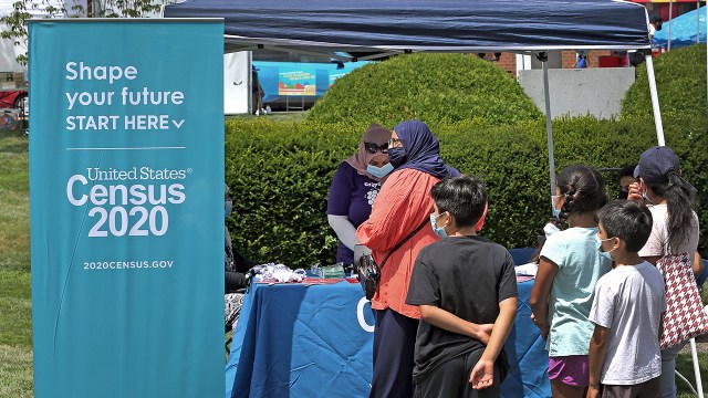 A Census Bureau information booth at a farmers market in Everett, Massachusetts, in July 2020.