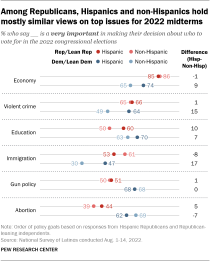 A chart showing that among Republicans, Hispanics and non-Hispanics hold mostly similar views on top issues for 2022 midterms