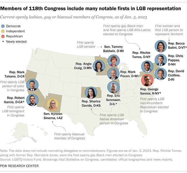 A map showing that members of 118th Congress include many notable firsts in LGB representation