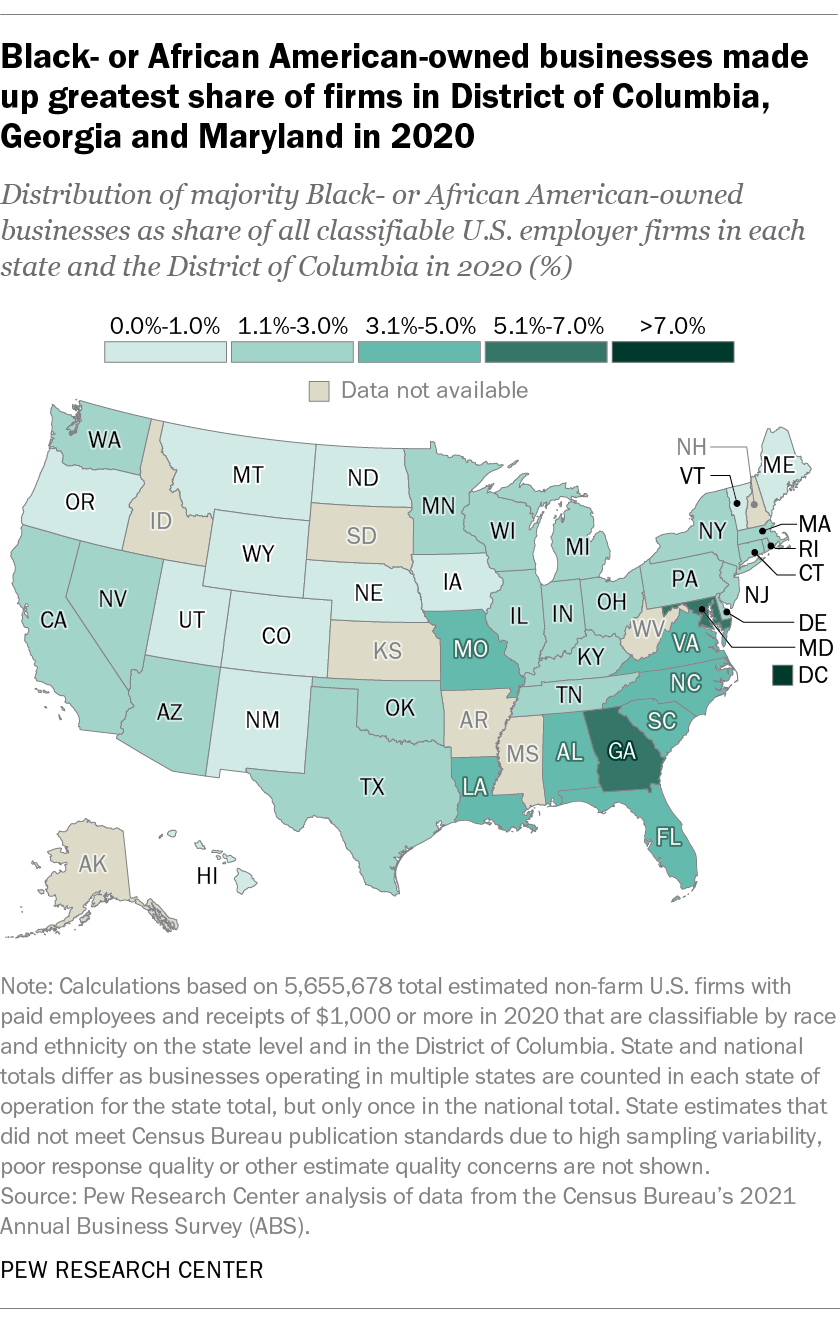 A map of the U.S. showing that Black- or African American-owned businesses made up the greatest share of firms in the District of Columbia, Georgia and Maryland in 2020