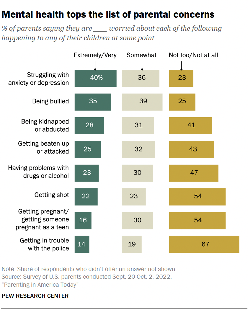 A bar chart showing that Mental health tops the list of parental concerns, including kids being bullied, kidnapped or abducted, attacked and more