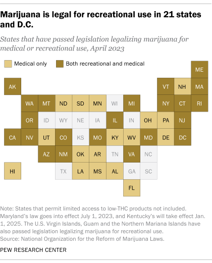 A map showing the 21 states and D.C. that legalized recreational marijuana. 