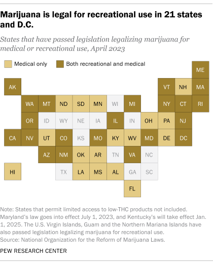 A map showing the 21 states and D.C. that legalized recreational marijuana.