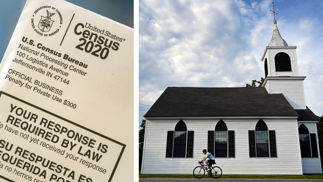 A closeup of a letter from the Census Bureau about the 2020 census(left). A  cyclist passing a church (right). 