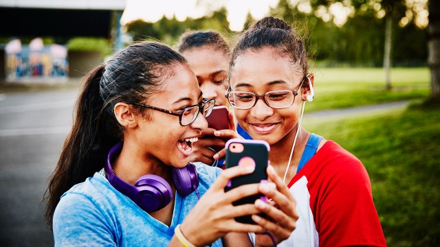 Laughing twin sisters looking at smartphone in park on summer evening