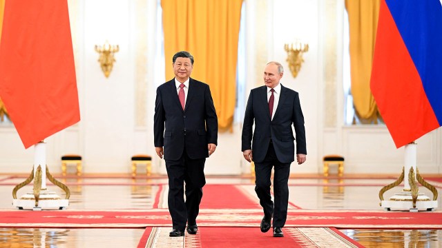 Russian President Vladimir Putin and Chinese President Xi Jinping meet at the Kremlin in Moscow on March 21, 2023. (Xie Huanchi/Xinhua via Getty Images)
