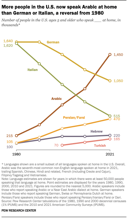 A line chart that shows more people in the U.S. now speak Arabic at home than German or Italian, a reversal from 1980.