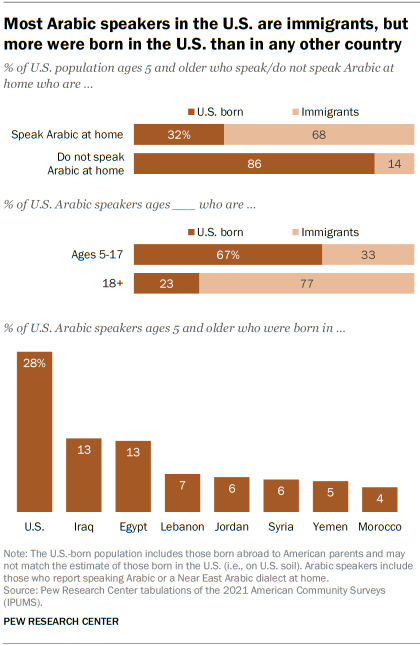 رسمان بيانيان شريطان يوضحان أن معظم المتحدثين باللغة العربية في الولايات المتحدة مهاجرون ، لكن عددًا أكبر ممن ولدوا في الولايات المتحدة أكثر من أي بلد آخر.