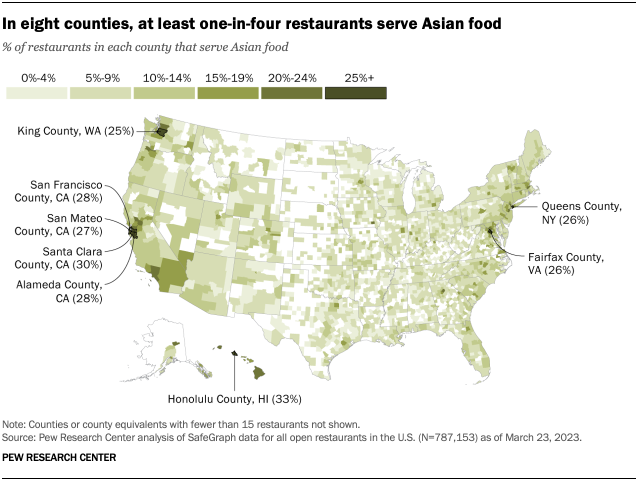 米国の地図には、8 つの郡で少なくとも 4 軒に 1 軒のレストランがアジア料理を提供していることが示されています。