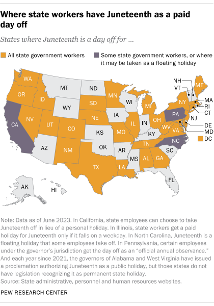 A map showing where state workers have Juneteenth as a paid day off.