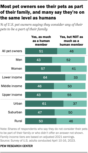 A bar chart that shows most pet owners see their pets as part of their family, and many say they’re on the same level as humans.