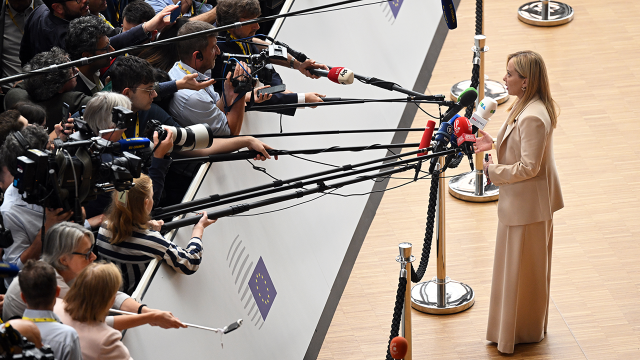 Italian Prime Minister Giorgia Meloni speaks to the press during the EU Leaders Summit in Brussels on June 29, 2023. (Dursun Aydemir/Anadolu Agency via Getty Images)