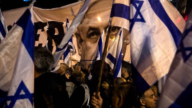 Protesters rally against a judicial overhaul proposed by the government of Prime Minister Benjamin Netanyahu in Tel Aviv, Israel, on March 18, 2023. (Amir Levy/Getty Images)