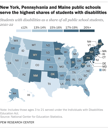 A map that shows New York, Pennsylvania and Maine public schools serve the highest shares of students with disabilities.