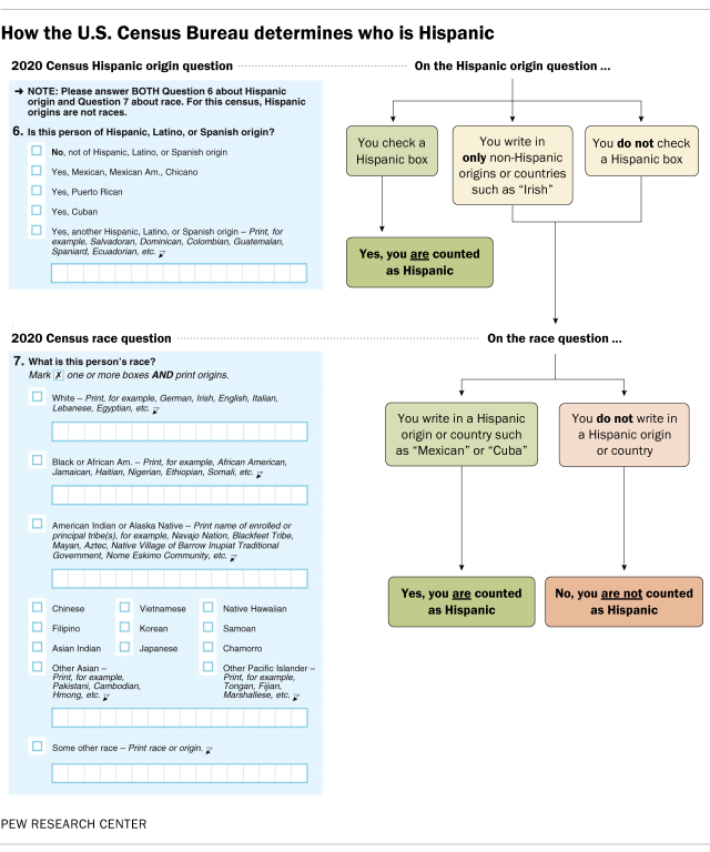 A screenshot from the 2020 Census showing how the U.S. Census Bureau determines who is Hispanic.