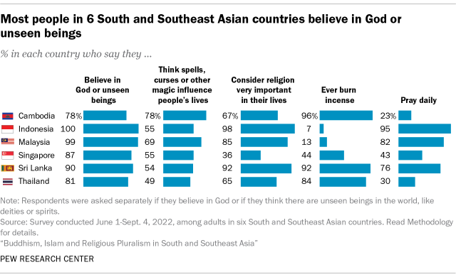 A bar chart showing that most people in 6 South and Southeast Asian countries believe in God or unseen beings.