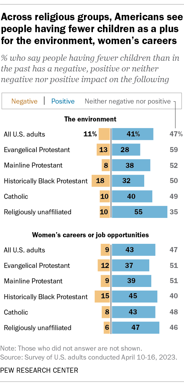 A bar chart that shows, across religious groups, Americans see people having fewer children as a plus for the environment, women's careers.
