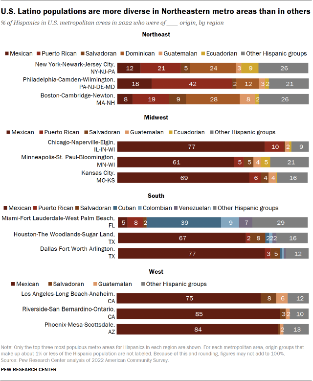 A bar chart showing that the U.S. Latino populations are more diverse in Northeastern metro areas than in others.