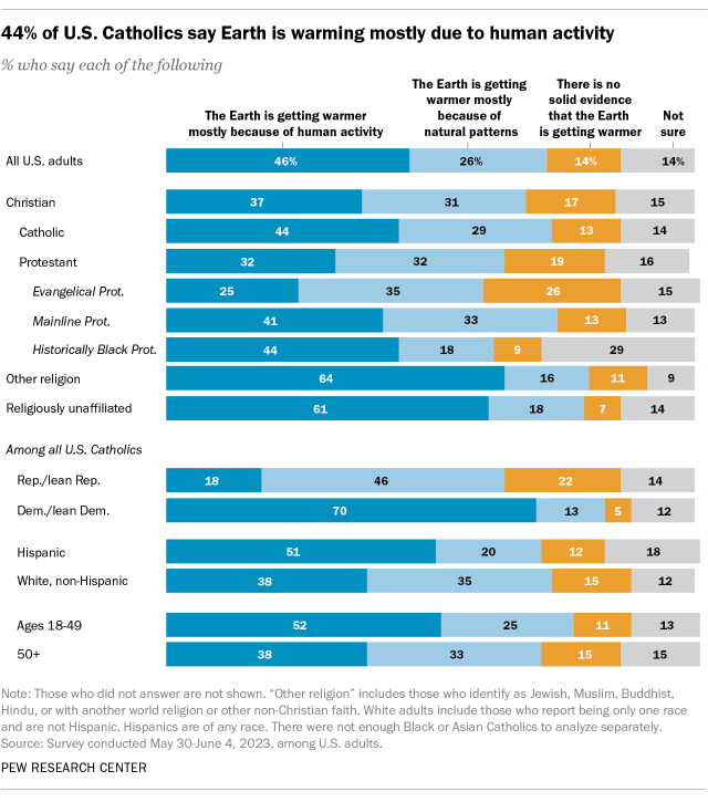 A horizontal stacked bar chart showing that 44% of U.S. Catholics say Earth is warming mostly due to human activity.