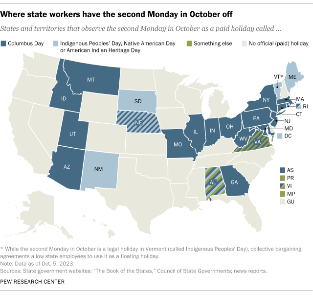 A map showing where state workers have the second Monday in October off.