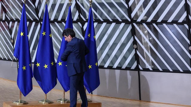 European Union flags are set up ahead of a summit at the EU headquarters in Brussels on March 22, 2023. (Valeria Mongelli/AFP via Getty Images)