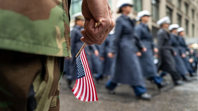 Military members march during the annual Veterans Day Parade on Nov. 11, 2022, in New York City. (Spencer Platt/Getty Images)
