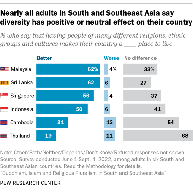 A bar chart showing that nearly all adults in South and Southeast Asia say diversity has positive or neutral effect on their country.
