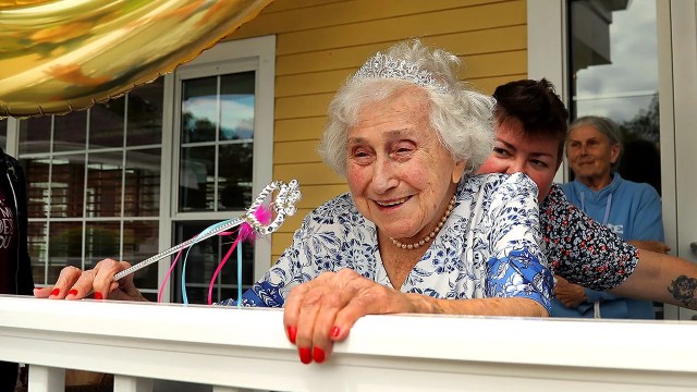 A WWII Coast Guard veteran celebrates her 100th birthday in Boston, Massachusetts, on Aug. 19, 2023. (John Tlumacki/The Boston Globe via Getty Images)