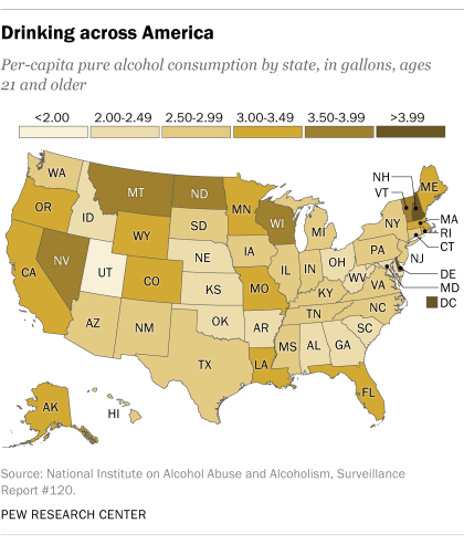 A U.S. map showing the per-capita pure alcohol consumption by state among adults ages 21 and older