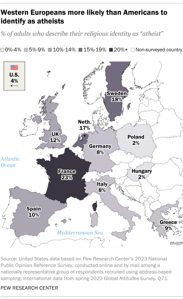 A map showing that western Europeans are more likely than Americans to identify as atheists.