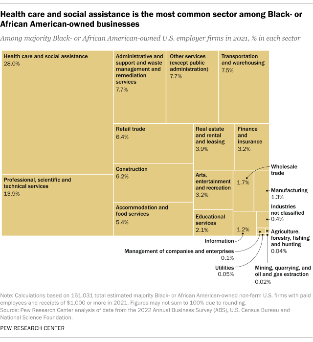 A chart showing that health care and social assistance is the most common sector among Black-or African American-owned businesses.