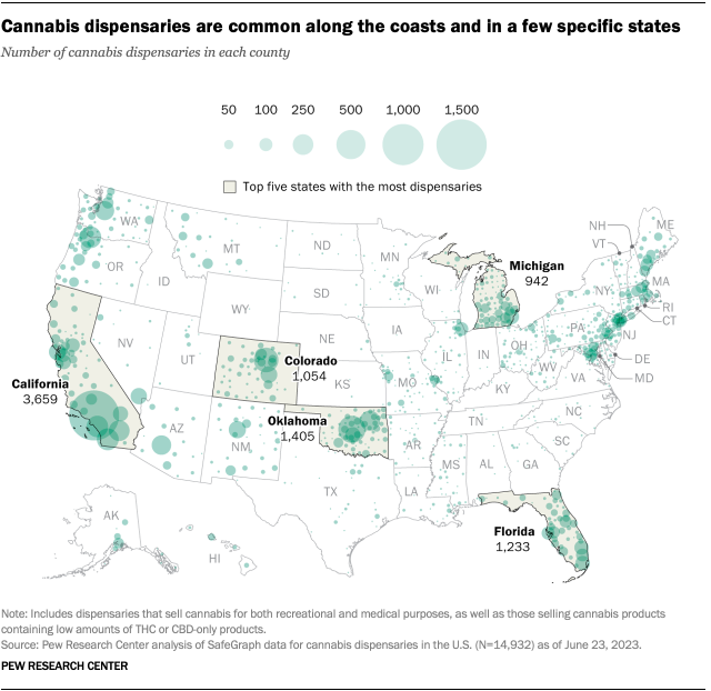 A map of the U.S. showing that cannabis dispensaries are common along the coasts and in a few specific states.