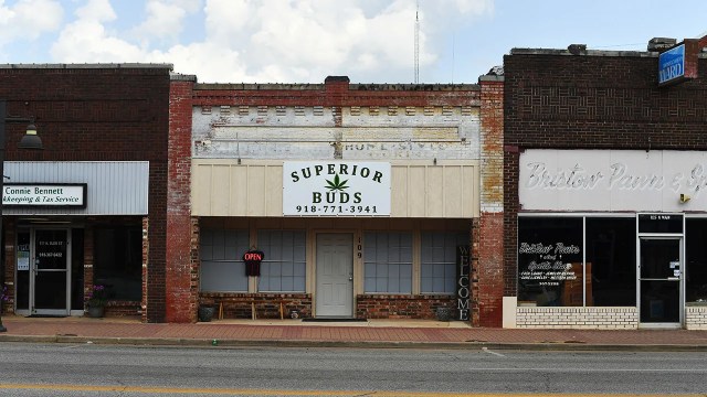 A cannabis dispensary lines the street of a small town in Bristow, Oklahoma. (RJ Sangosti/MediaNews Group/The Denver Post via Getty Images)