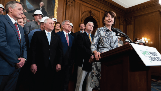Rep. Cathy McMorris Rodgers, chair of the House Energy and Commerce Committee, speaks at a news conference at the U.S. Capitol following the passage of the Lower Energy Costs Act on March 30, 2023. (Tom Williams/CQ-Roll Call, Inc. via Getty Images)