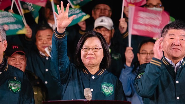 Taiwan's President Tsai Ing-wen waves during a Democratic Progressive Party campaign rally on Jan. 11, 2024, in Taipei, Taiwan. The election determined Tsai's successor, since she was term-limited from running for president again. (Sawayasu Tsuji/Getty Images)