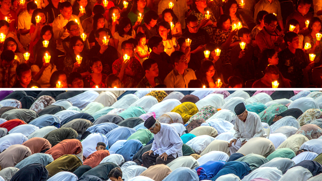 Indonesian Christians attend a Christmas Eve service at a church in Surabaya on Dec. 24, 2016; Muslims take part in morning prayer to celebrate Eid al-Fitr, marking the end of Ramadan, in Bogor on April 21, 2023. (Photos by Juni Kriswanto and Aditya Aji, both AFP via Getty Images) 