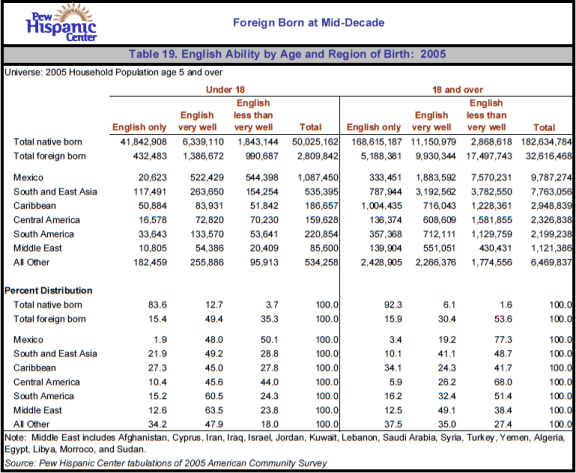 Table 19. English Ability by Age and Region of Birth: 2005