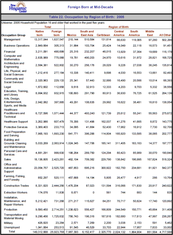 Table 22. Occupation by Region of Birth: 2005