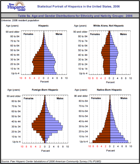 Table 9a. Age and Gender Distributions for Ethnicity and Nativity Groups:  2006