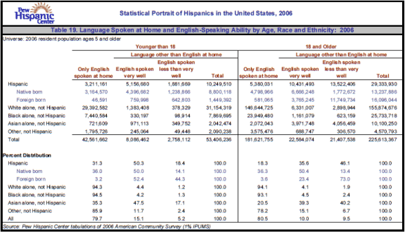 Table 19. Language Spoken at Home and English-Speaking Ability by Age, Race and Ethnicity: 2006