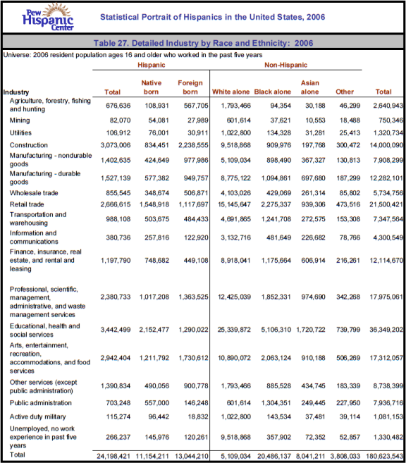 Table 27. Detailed Industry by Race and Ethnicity: 2006