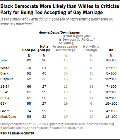 Black Democrats More Likely than Whites to Criticize Party for Being Too Accepting of Gay Marriage