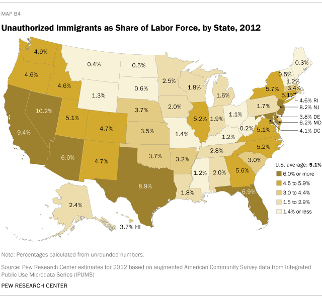 Unauthorized Immigrants as Share of Labor Force, by State, 2012