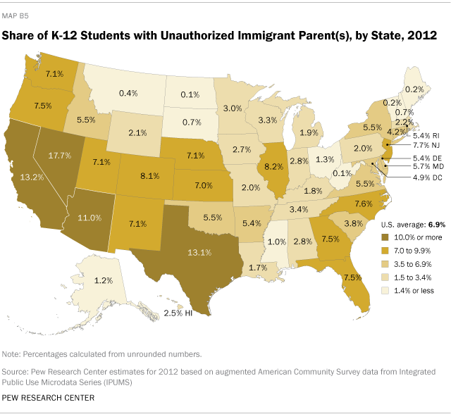 Share of K-12 Students with Unauthorized Immigrant Parent(s), by State, 2012